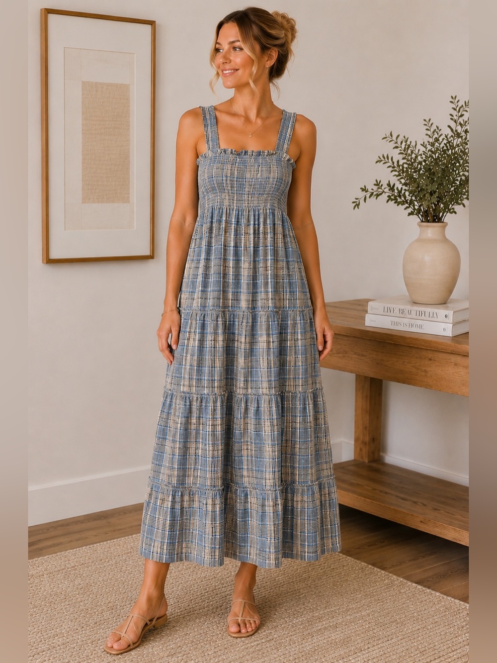 Plaid Smocked Tiered Midi Nap Dress Cottagecore Prairie Coastal Sundress Small